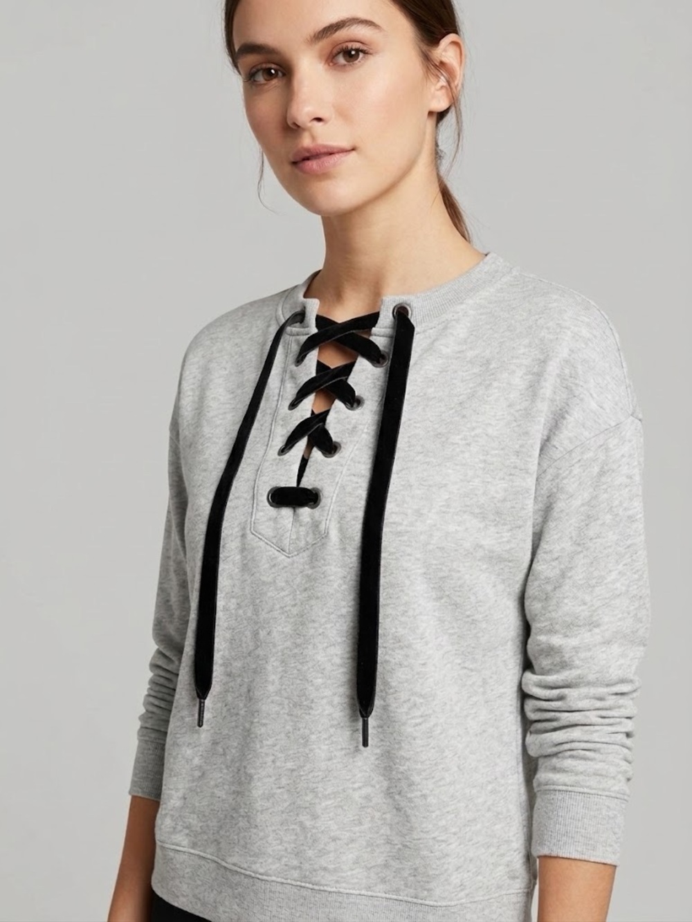 Rails - Grey Lace-Up Sweatshirt with Black Velvet Drawstrings
